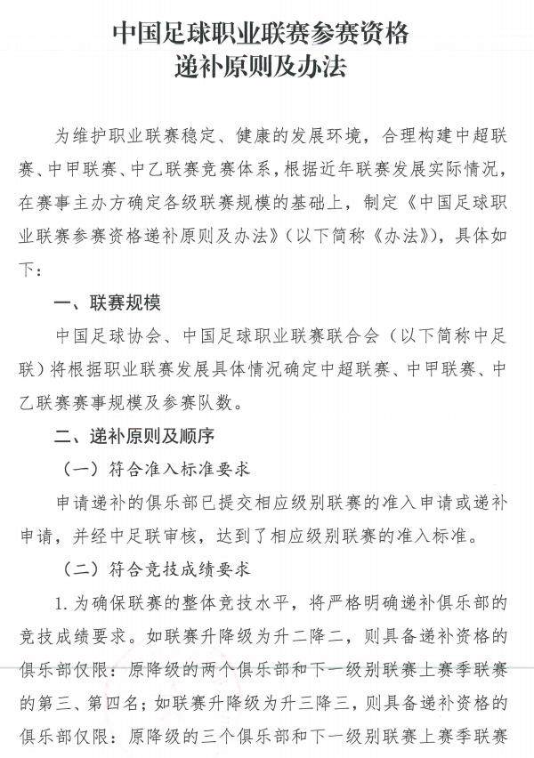 开云在线开户-中足联发布《联赛资格递补原则》 明确中乙递补顺位